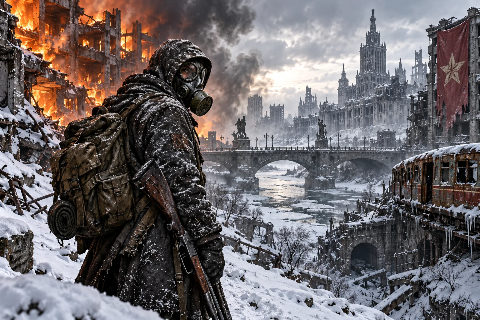 A gas-masked survivor in the snow before a burning ruined city and a rusted metro car