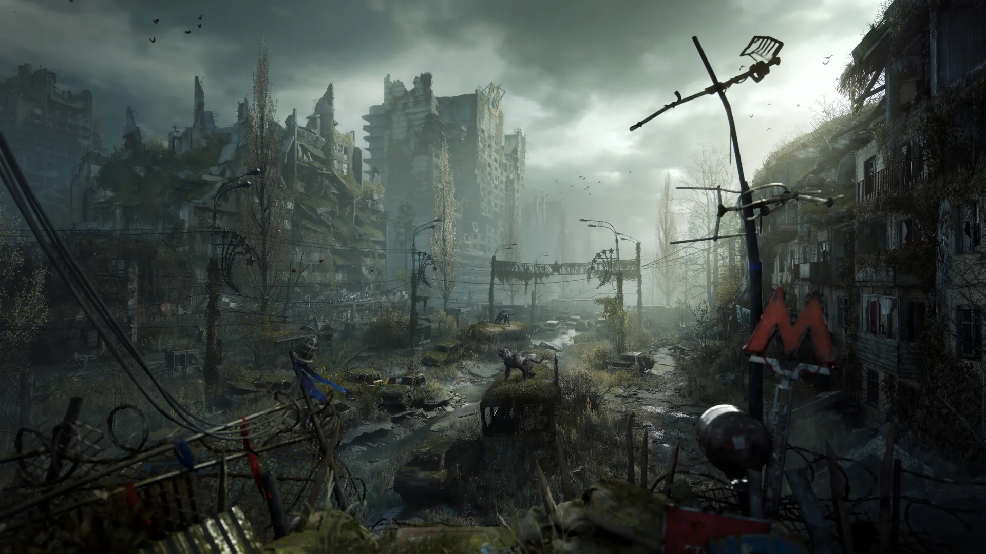 Overcast ruined city with a red metro M sign among the rubble