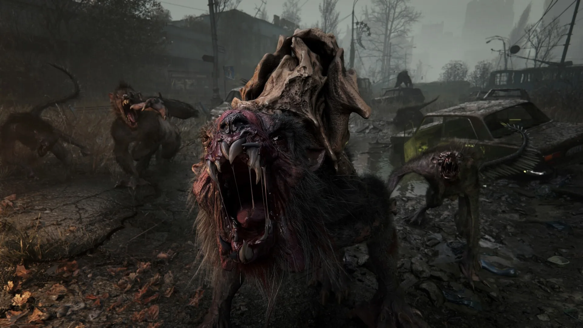 A mutated creature lunging in a wrecked street