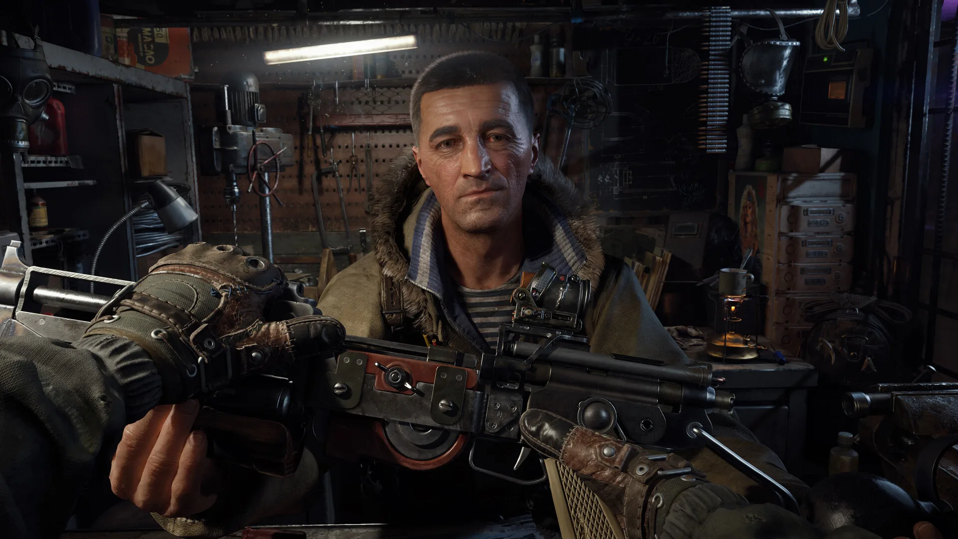 Armed man in a cluttered workshop, official Steam screenshot
