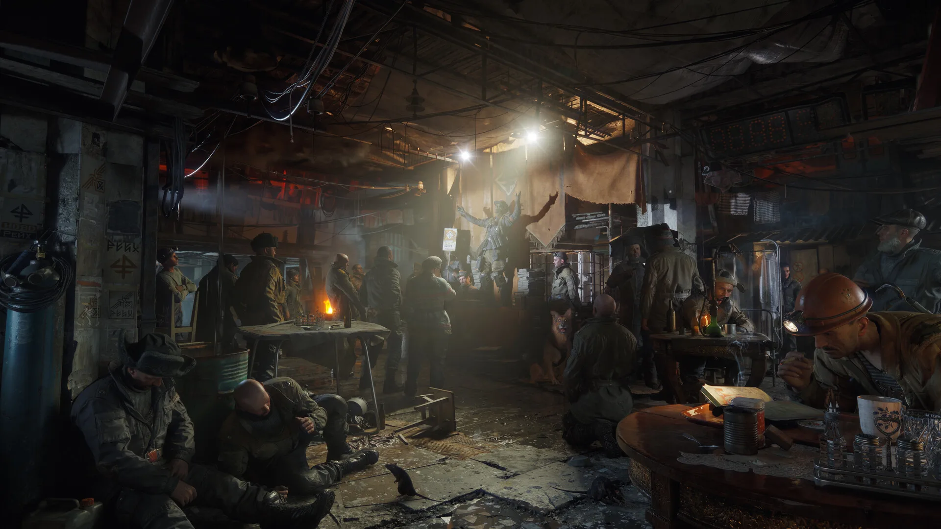 Crowded underground station market lit by hanging lamps