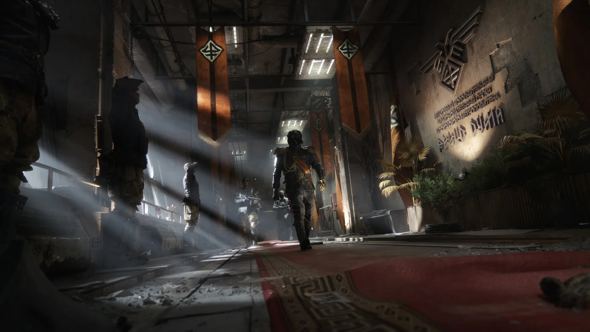 A figure walking a hall lined with banners